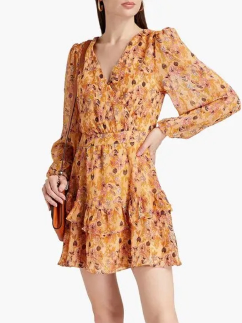 Walter Baker Yellow Floral V-Neck Tiered Mini Dress